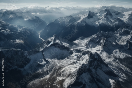 Aerial shot of beautiful Swiss Alps. AI generative