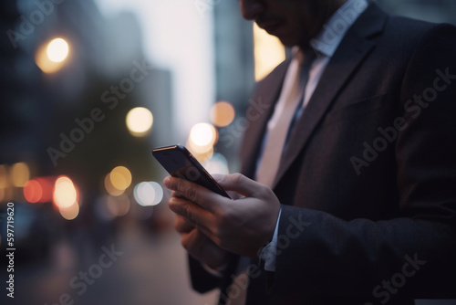 An employee using a mobile device to work on the go, business, situation in the office, bokeh Generative AI