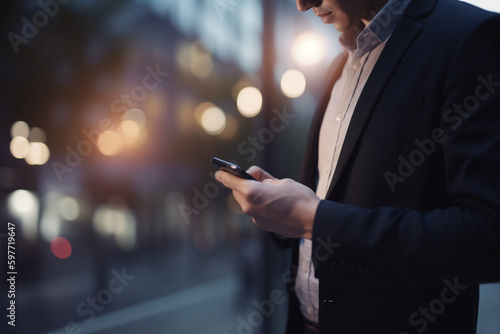 An employee using a mobile device to work on the go, business, situation in the office, bokeh Generative AI