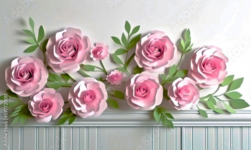 Fresh bunch of paper-cut style pink roses with copy space. White background.Mother s day concept.