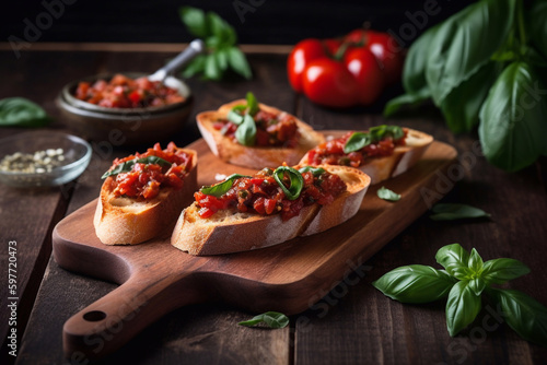 Sandwich with tomatoes and basil.Italian bruschetta. Illustration AI Generative