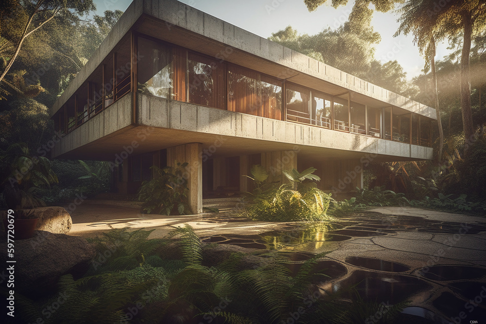 inspired new house in the brasilian jungle, brutalist, waterfalls, concrete, late in the day, sunshine through trees, view from parking towards glass patio, wide shot, detailed features. AI generative