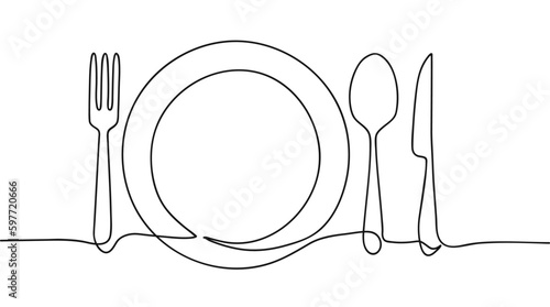 Continuous one line plate with cutlery. Hand drawing art dinner theme with linear plate, spoon, knife, fork for logo. Simple sketch design isolated on white background. Vector illustration. 