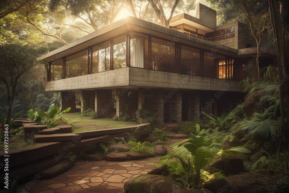 inspired new house in the brasilian jungle, brutalist, waterfalls, concrete, late in the day, sunshine through trees, view from parking towards glass patio, wide shot, detailed features. AI generative inspired new house in the brasilian jungle, brutalist, waterfalls, concrete, late in the day, sunshine through trees, view from parking towards glass patio, wide shot, detailed features. AI generative