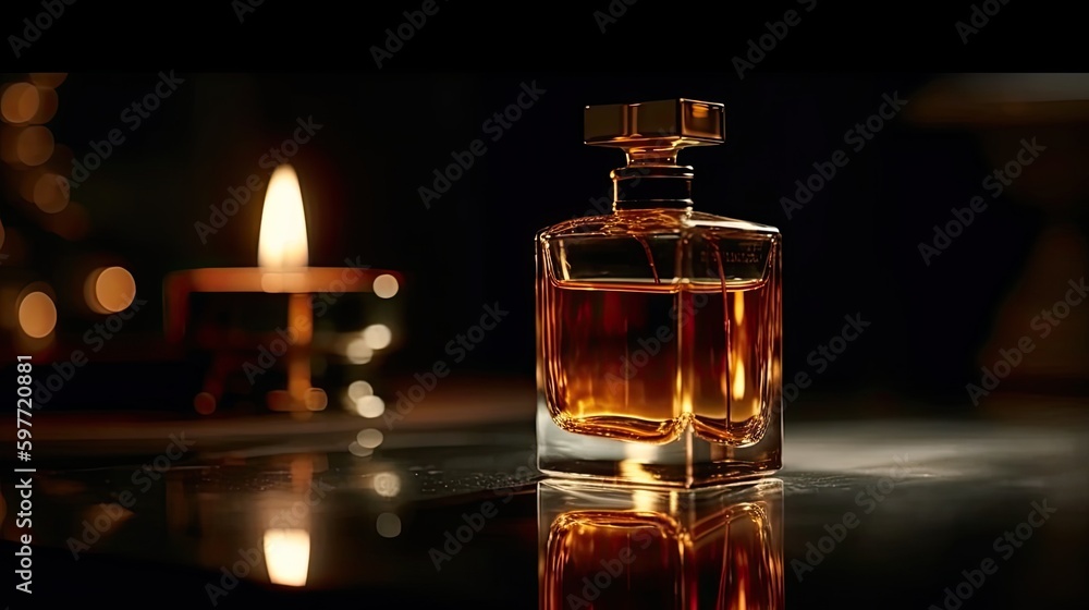 A golden bottle of perfume stands on a mirror , Generative AI A golden bottle of perfume stands on a mirror , Generative AI
