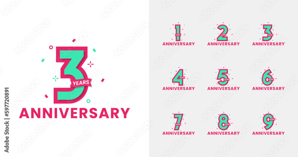 Obraz premium Modern anniversary logo collections. Birthday number for celebration moment with confetti and trendy color