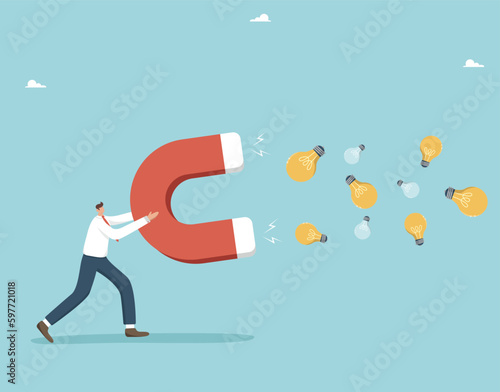 Searching for ideas and new opportunities for success, gaining new knowledge, introducing innovations in business development, creative approach to solving tasks, man pulls light bulbs with a magnet.