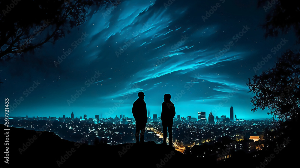 Silhouettes of two stargazing woman saying goodby, surrounded by trees and the contour of london city in the background. AI generative - obrazy, fototapety, plakaty 