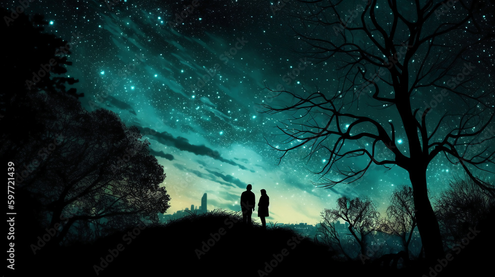 Silhouettes of two stargazing woman saying goodby, surrounded by trees and the contour of london city in the background. AI generative Silhouettes of two stargazing woman saying goodby, surrounded by trees and the contour of london city in the background. AI generative