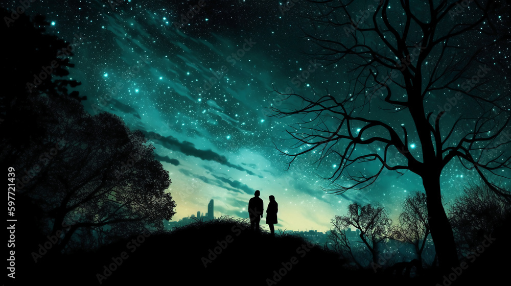 Silhouettes of two stargazing woman saying goodby, surrounded by trees and the contour of london city in the background. AI generative