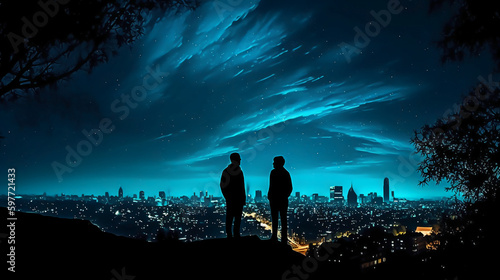 Silhouettes of two stargazing woman saying goodby, surrounded by trees and the contour of london city in the background. AI generative