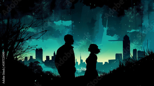 Silhouettes of two stargazing woman saying goodby, surrounded by trees and the contour of london city in the background. AI generative