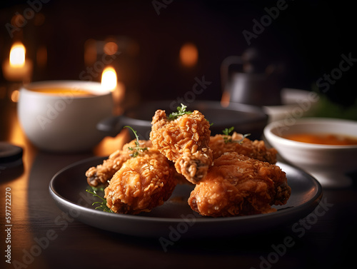 A plate of crispy and golden fried chicken with a side of spicy dipping sauce
