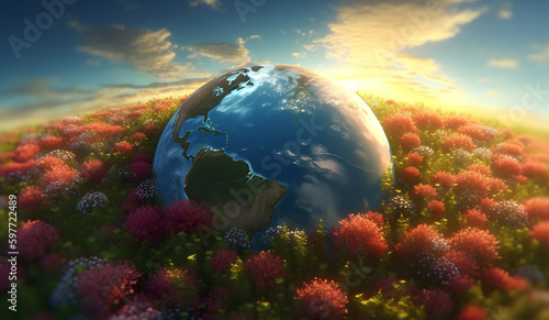 Planet earth with flowers bed. Concept of earth day, environmental day or national flower day.