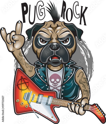 Punk rocker pug dog gestures Rock and Roll sign of the horns and holding electric guitar