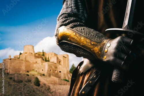 Canvas Print Medieval knight holding a sword with the Cardona castle in the background