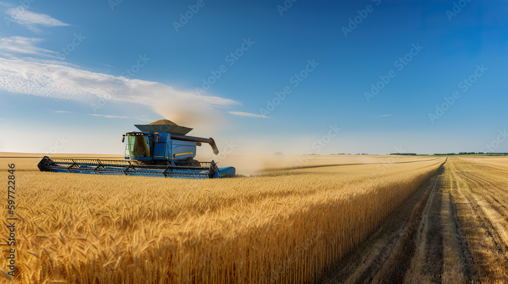 Fototapeta premium A combine harvester working in a wheat field. AI generative.