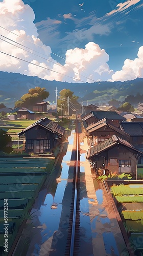 A painting of a train going through a rural area. AI generative.
