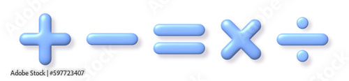 Math 3D icon set. Blue arithmetic plus, minus, equals, multiply and divide signs on white background with shadow. Vector illustration.