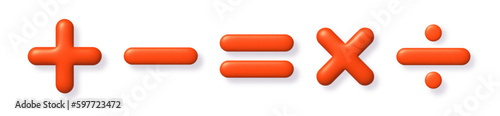 Math 3D icon set. Orange arithmetic plus, minus, equals, multiply and divide signs on white background with shadow. Vector illustration.