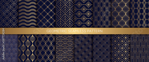 Luxury art deco, geometric ornamental seamless patterns, gold oriental grid with blue background. Vinatge design for print vector.