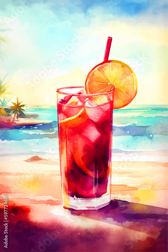 Cocktail in the seaside background. Watercolor style vector illustration.