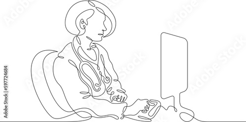 One continuous line. Female doctor. Online therapist. Telemedicine. Remote diagnosis of a patient. Remote monitoring by a doctor. Doctor with computer, laptop.