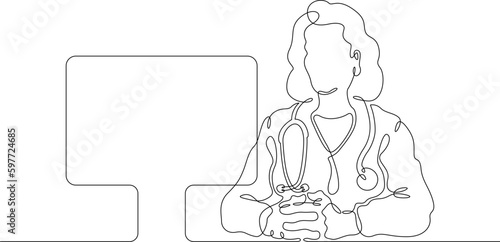 One continuous line. Female doctor. Online therapist. Telemedicine. Remote diagnosis of a patient. Remote monitoring by a doctor. Doctor with computer, laptop.