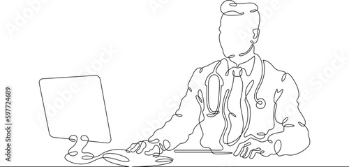 One continuous line. Male doctor. Online therapist. Telemedicine. Remote diagnosis of a patient. Remote monitoring by a doctor. Doctor with computer, laptop.