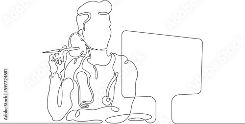 One continuous line. Female doctor. Online therapist. Telemedicine. Remote diagnosis of a patient. Remote monitoring by a doctor. Doctor with computer, laptop.