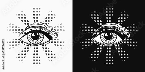 All seeing eye, eye of providence. Masonic symbol. Halftone radial beams behind. Black and white psychedelic illustration in vintage style. Good for groovy, hippie, mystical style