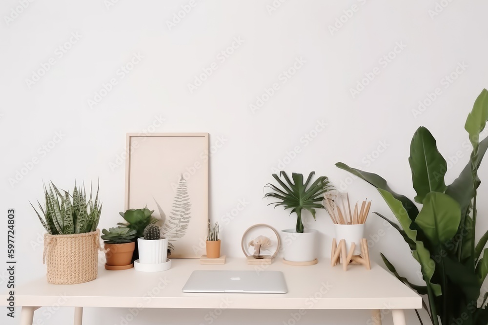 minimalist workspace with potted plants and a laptop on a white table. Generative AI