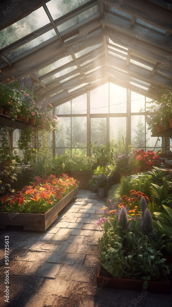 A greenhouse filled with potted plants and flowers, with a skylight overhead and soft. generative ai.