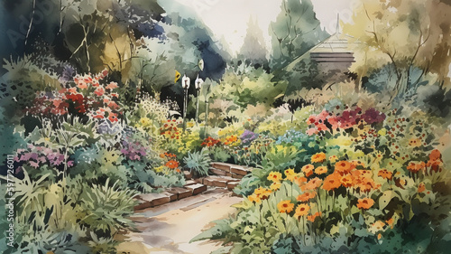 A watercolor garden in full bloom, with a variety of flowers. generative ai.