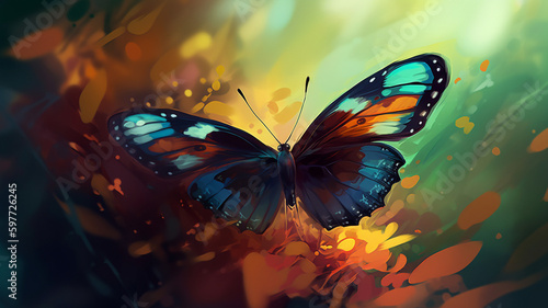 a colorful butterfly in flight, with a blurred background of flowers and leaves. generative ai. © Strabiliante