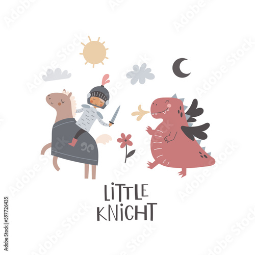Little knight. cartoon knight, dragon, drawing lettering, decor elements. colorful vector illustration, flat style. design for cards, t-shirt print, poster