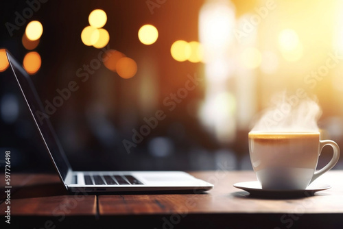 Coffee and Laptop on Blurred Desk Background: Workspace, Technology, and Business