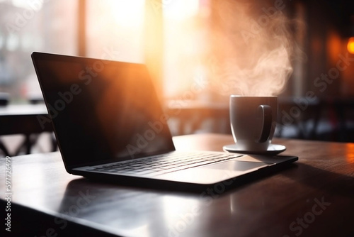 Coffee and Laptop on Blurred Desk Background: Workspace, Technology, and Business