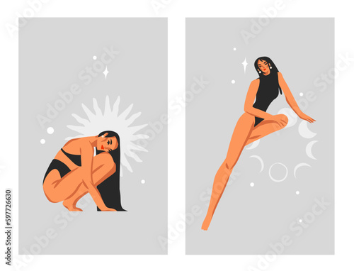 Hand drawn vector abstract stock flat graphic cartoon illustration with bohemian celestial galaxy mystic beautiful witchy woman,moon and magic stars in simple style isolated. Astrology female concept.