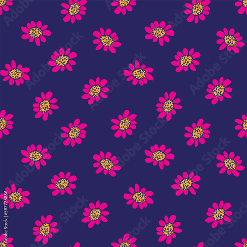 pink daisy flowers seamless vector pattern on navy © rysunki.malunki
