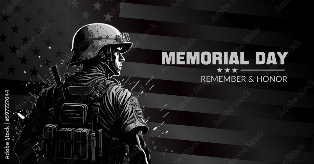 Memorial Day Vector Illustration with US Soldier and Flag Stock Vector ...