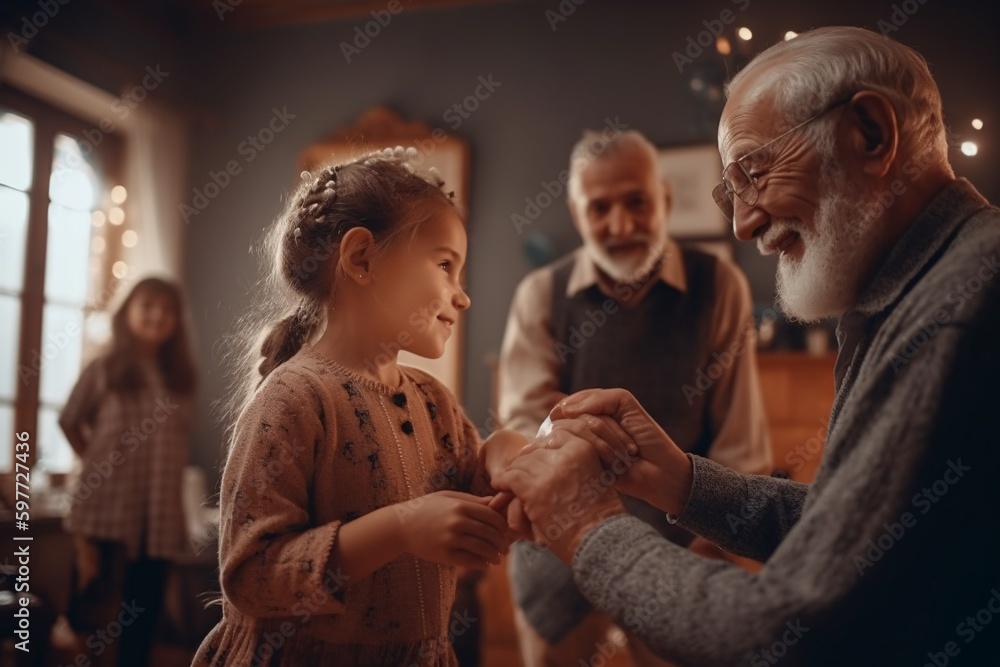 © ckybe - Loving caring elegant grandfather looking at his cute little granddaughter. Adorable child girl and positive grandpa. Hollding hands. Family concept. Generative Ai.