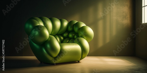 green futuristic unique modern art inflatable armchair in a a minimalistic living room, created with generative ai