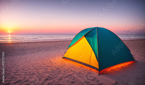 A tourist tent stands on the beach against the background of the ocean during sunset or dawn. Generative AI.