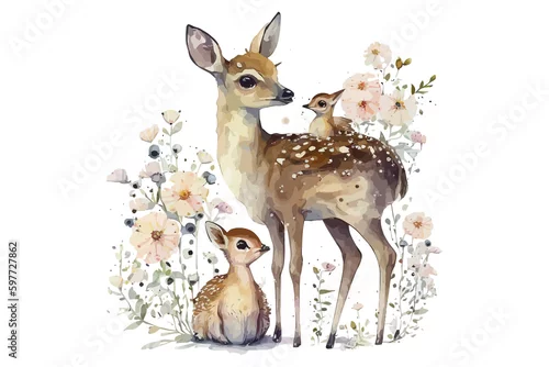 Obraz Safari Animal set deer with a fawn with an owlet in flowers in watercolor style. Isolated . Generative AI