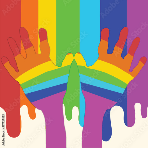 "International Day Against Homophobia, Transphobia and Biphobia" (IDAHOTB). Rainbow hand. Rainbow background. Rainbow water droplets. Vector. Editable.