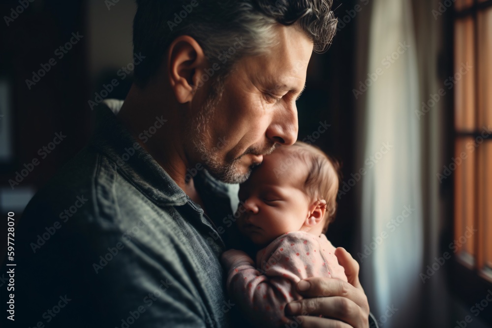 Middle age Caucasian father kissing sleeping newborn baby girl. Parent