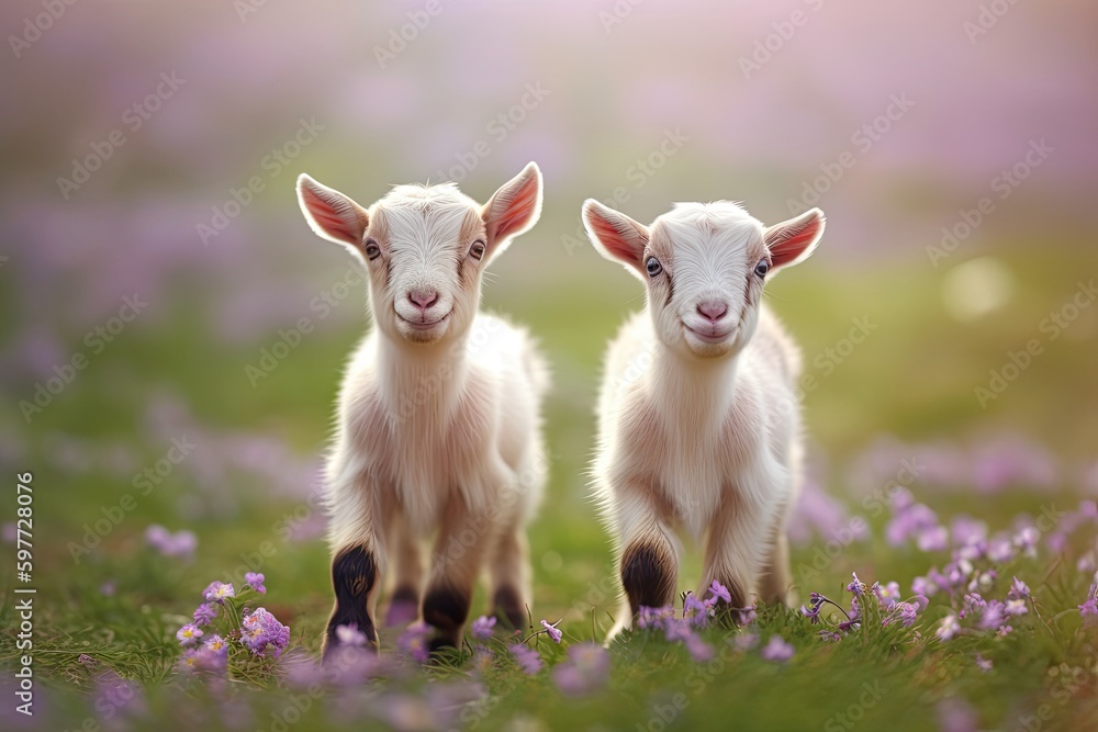 two young goats standing amidst a field of vibrant purple flowers. Generative AI two young goats standing amidst a field of vibrant purple flowers. Generative AI