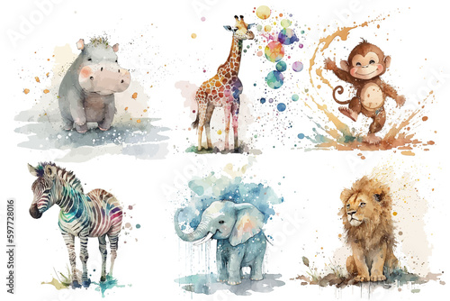 Fototapeta Naklejka Na Ścianę i Meble -  Safari Animal set zebra, lion, elephant, giraffe, hippopotamus, monkey in watercolor style. Isolated . Generative AI