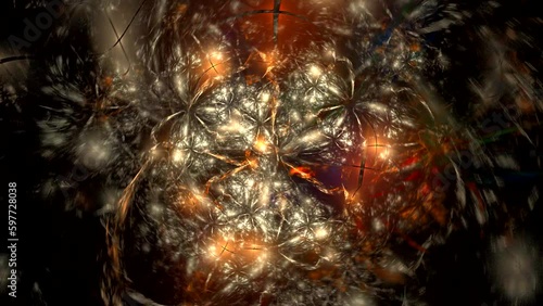 Orange yellow swirling pattern of curved waves and shapes on a black background. Abstract fractal video